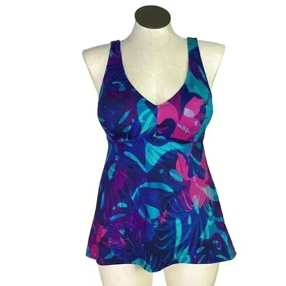 SwimsuitsForAll Women 12 Floral Padded Tankini Swim Top Blue Multicolor - Picture 1 of 11